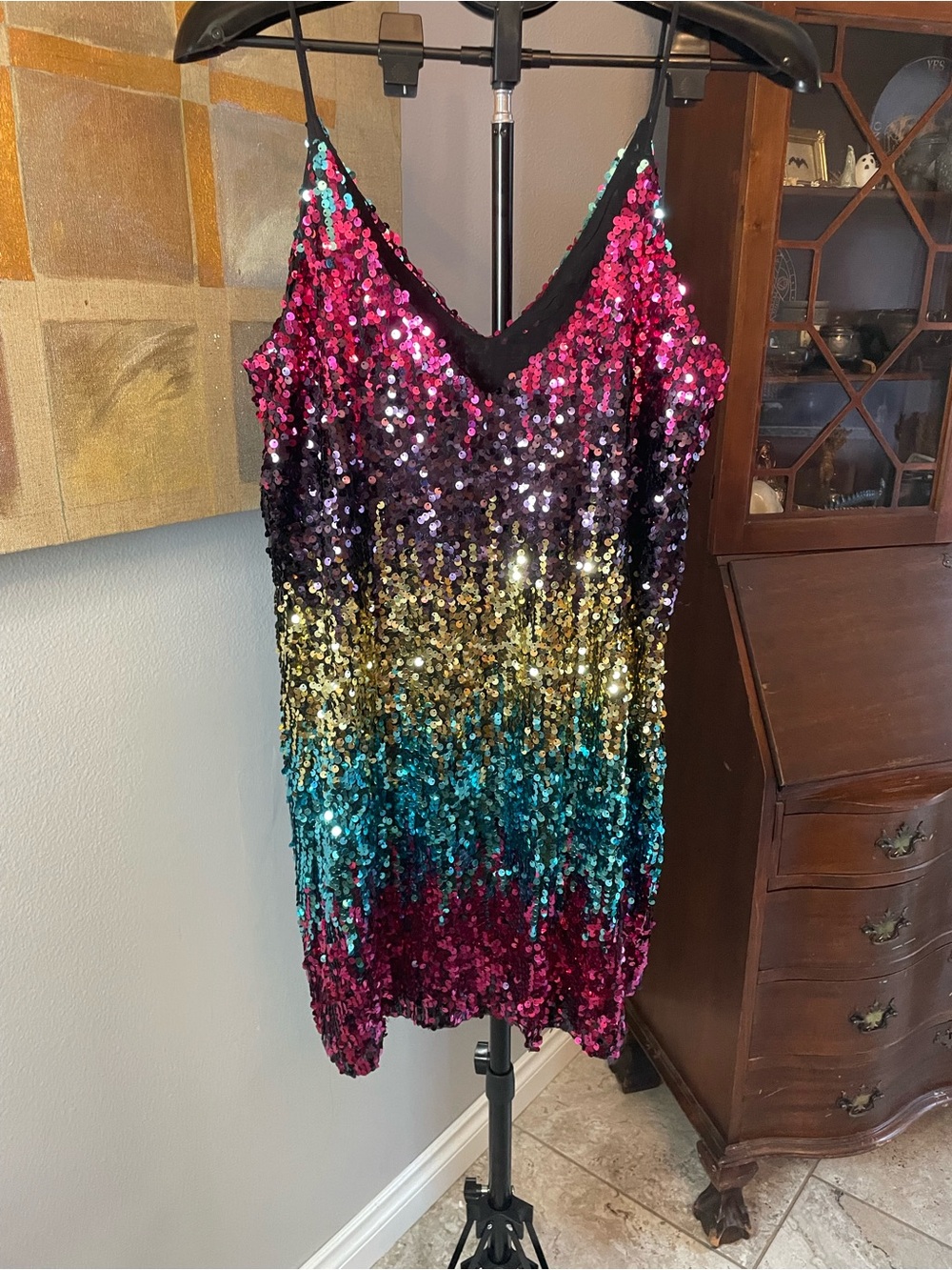 Multi-Color Sequin Mini Dress with Double V-Neck and Spaghetti Straps